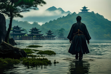 samurai life, a samurai back view looking at the horizon, japanese houses in the background, culture, tradition - obrazy, fototapety, plakaty