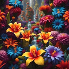 Fototapeta na wymiar Background of a group of fantastic bright colorful exotic flowers with small cascades