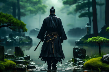 samurai life, a samurai back view looking at the horizon, japanese houses in the background, culture, tradition