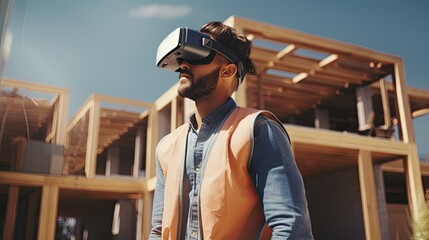 Man as architect working usin VR glasses on the construction building.