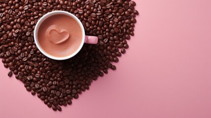  a cup of coffee with a heart shape on a pink background.  generative ai
