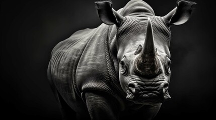 Fototapeta na wymiar Highly alerted rhinoceros monochrome portrait. Fine art