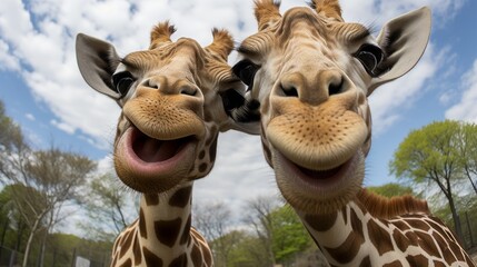 A group of crazy happy Giraffes taking selfies