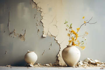 pot with plant, on plaster wall, minimalist, copy space