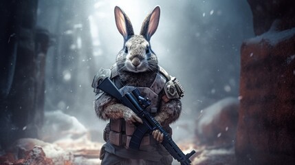 Rabbit hunter with gun in snowy forest