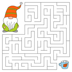 Thanksgiving day maze game for kids. Cute gnome looking for a way to the cup of cocoa with marshmallows. Happy thanksgiving. Doodle cartoon style. Printable worksheet.