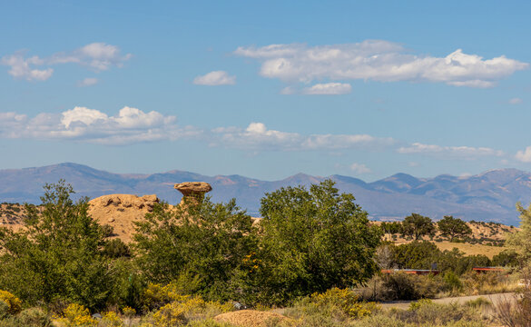 Camel Rock in Tesuque, New Mexico. Landmark attraction formed by erosion.
