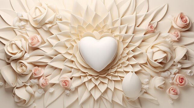  a white heart surrounded by flowers and leaves on a beige background.  generative ai