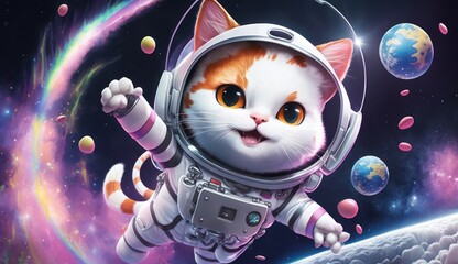 Cute cat in astronaut suit on space background
