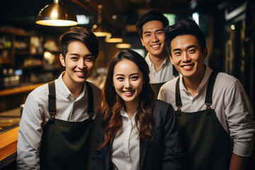 Obraz premium portrait of four members of a restaurant team, manager and workers