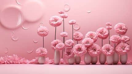  a group of vases with pink flowers on a pink background.  generative ai