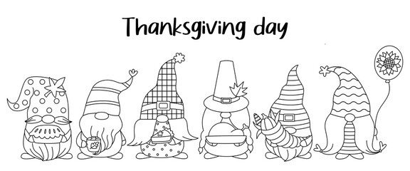 Set thanksgiving day gnomes. Cute line gnome pilgrim, gnome with turkey, dwarf with pumpkin pie. Hand drawn happy thanksgiving print for greeting card, t-shirt.