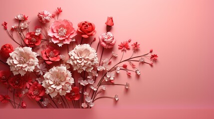  a bunch of flowers that are on a pink surface with a pink background.  generative ai