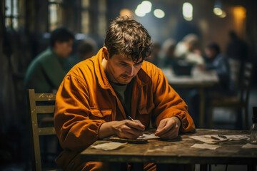 a prisoner in the visiting room, writing a letter - obrazy, fototapety, plakaty