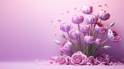  a bunch of flowers that are on a purple surface with a pink background.  generative ai