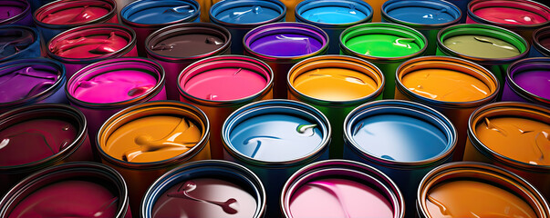 Group of color paint cans. wide banner, copy space for text - Powered by Adobe