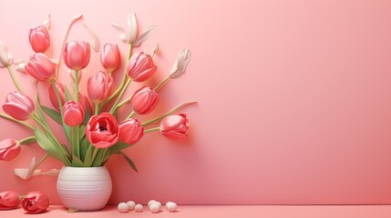  a white vase filled with pink tulips on top of a table.  generative ai