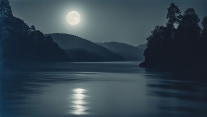 Fototapeta na wymiar misty morning on the sea blue moon reflecting on water