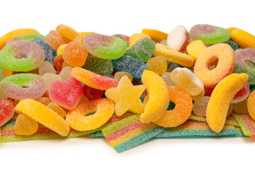 Assorted gummy candies isolated on a white background. Top view.