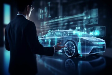 Businessman using modern smart car interface 3D rendering - obrazy, fototapety, plakaty