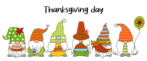 Set thanksgiving day gnomes. Cute gnome pilgrim, gnome with turkey, dwarf with pumpkin pie. Happy thanksgiving print for greeting card, t-shirt.