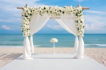 Fototapeta na wymiar Beautiful beach wedding decor with white decorated chairs and reception stage