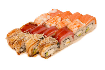 Sushi rolls with salmon, shrimp, eel, tuna.