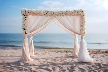 Fototapeta na wymiar Beautiful beach wedding decor with white decorated chairs and reception stage