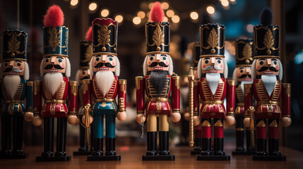 Detailed and colorful nutcrackers, German Nussknacker soldiers in a row