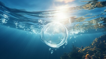 An underwater bubble rising toward the water's sunlit surface. - obrazy, fototapety, plakaty