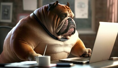 Bulldog sitting at the desk with computer.