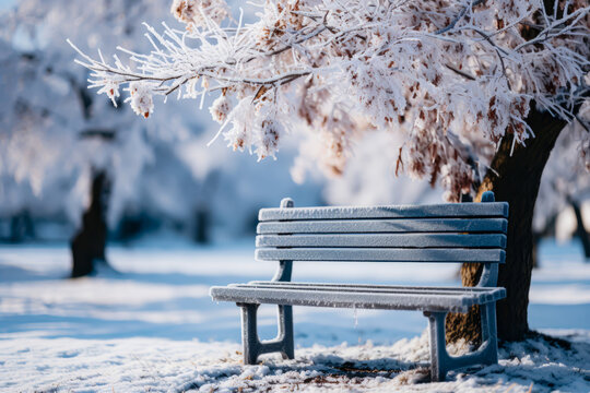 winter life, snowy landscape scene, a bench and a tree