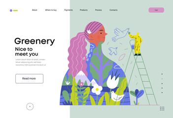 Greenery, ecology -modern flat vector concept illustration of a man painting a mural of a woman, composed with landscape. Metaphor of environmental sustainability and protection, closeness to nature