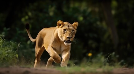 Obraz premium Lioness running in the forest. Wildlife scene from nature.
