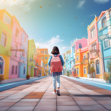 girl whit  pink backpack walking in the city, colorful buildings