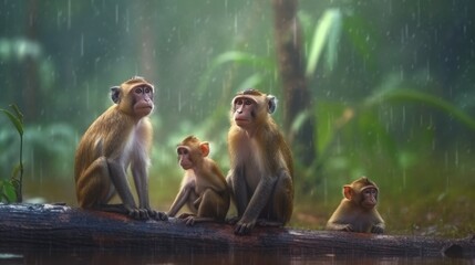 Obraz premium Monkey family. Monkeys are sitting on the rock.
