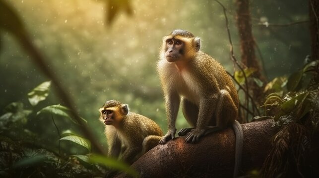 Monkey family. Monkeys are sitting on the rock.