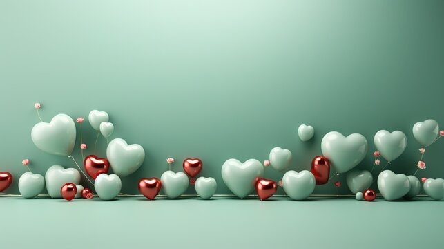  a group of hearts on a green background with red and white balloons.  generative ai