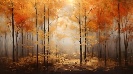 Fototapeta na wymiar Autumn forest with yellow leaves and fog. Panoramic background