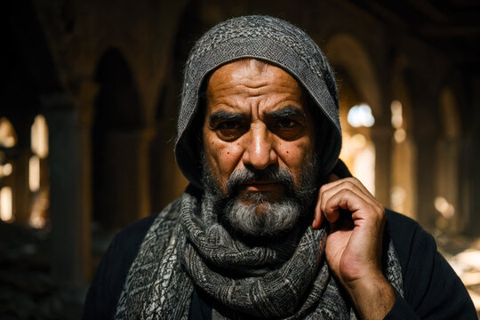 Portrait of an elderly bearded man from the Middle East, dressed in kefia, traditional clothes, ruins of a destroyed city on the background