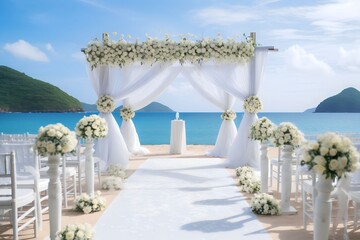 Obraz na płótnie Canvas Beautiful beach wedding decor with white decorated chairs and reception stage