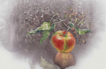 An apple in the grey rainy watercolor background