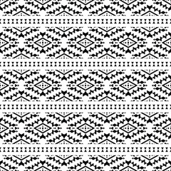 Seamless ethnic stripe pattern in Native American style. Abstract geometric motif with Aztec and Navajo tribal. Black and white colors. Design for fabric, textile, ornament, printing, interior, rug.