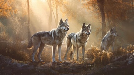 Group of wolves sitting at the edge of a river in the morning
