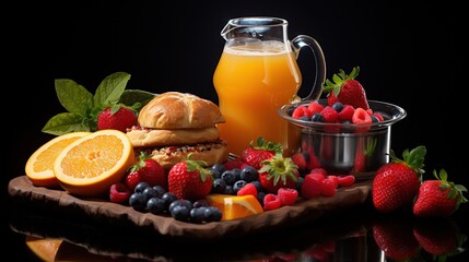  a table topped with a sandwich and fruit next to a pitcher of orange juice.  generative ai