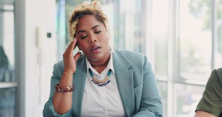 Business people, meeting stress and headache in office for woman burnout, management frustration and employee anxiety. Fatigue, team brainstorming problems and report issues or frustrated worker - Powered by Adobe