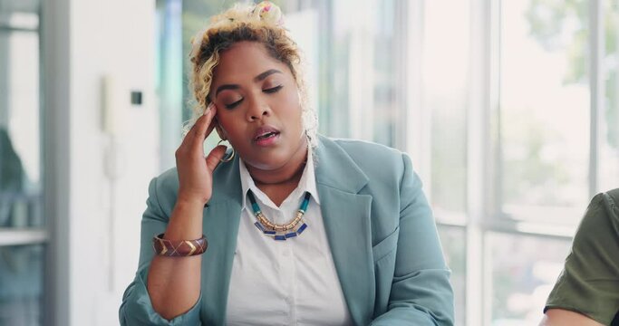 Business people, meeting stress and headache in office for woman burnout, management frustration and employee anxiety. Fatigue, team brainstorming problems and report issues or frustrated worker