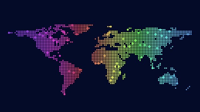 Colorful world map made up of dots in vibrant colors. Pattern resembles the actual map. Visually engaging and aesthetically pleasing