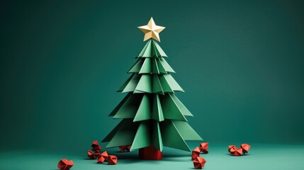 an origami paper christmas tree on studio background, christmas postcard photo
