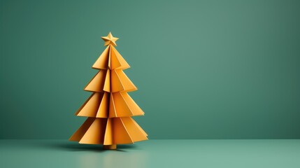 an origami paper christmas tree on studio background, christmas postcard photo